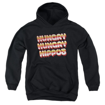 Black youth hoodie for ages 8 to 12 with Hungry Hungry Hippos Vintage Logo graphic