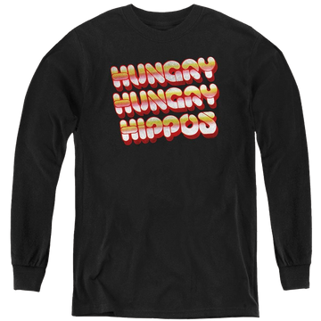 Black youth long sleeve t-shirt with Hungry Hungry Hippos Vintage Logo graphic