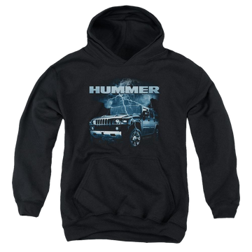 Black youth hoodie for ages 8 to 12 with Hummer Stormy Ride graphic