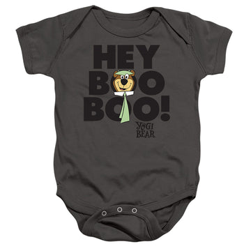 Charcoal baby bodysuit with Yogi Bear Hey Boo Boo graphic