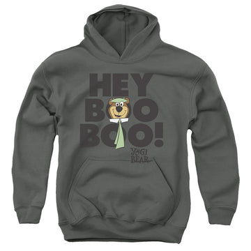 Charcoal youth hoodie for ages 8 to 12 with Yogi Bear Hey Boo Boo graphic