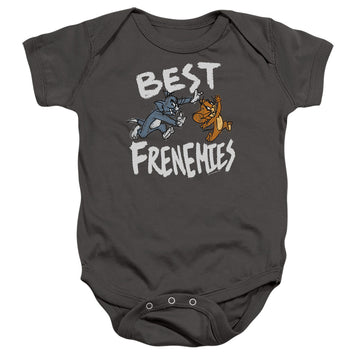Charcoal baby bodysuit with Tom and Jerry Best Frenemies graphic