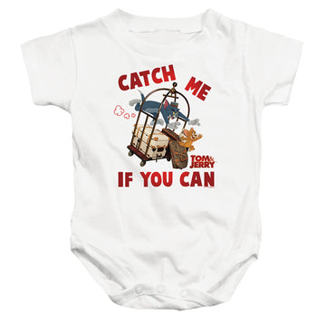 White baby bodysuit with Tom and Jerry Catch Me If You Can graphic