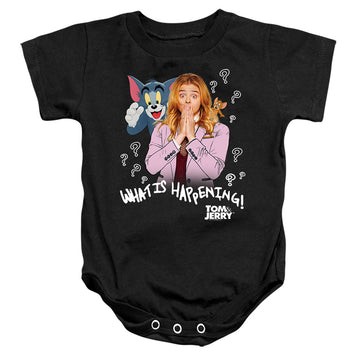 Black baby bodysuit with Tom and Jerry What Is Happening graphic