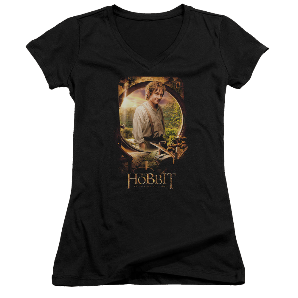 Hobbit Movie Trilogy, The Bilbo Poster - Juniors V-Neck T-Shirt Juniors V-Neck T-Shirt The Hobbit