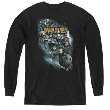 Black youth long sleeve t-shirt with The Hobbit Company Of Dwarves graphic
