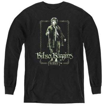 Black youth long sleeve t-shirt with The Hobbit Bilbo Stare graphic