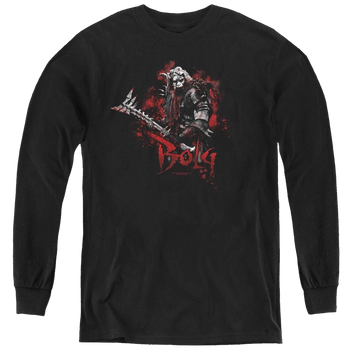 Black youth long sleeve t-shirt with The Hobbit Bolg graphic