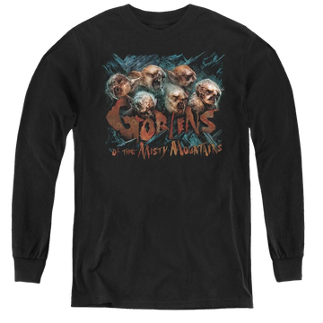 Black youth long sleeve t-shirt with The Hobbit Misty Goblins graphic