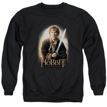 Black men's crewneck sweatshirt with The Hobbit Bilbo And Sting graphic