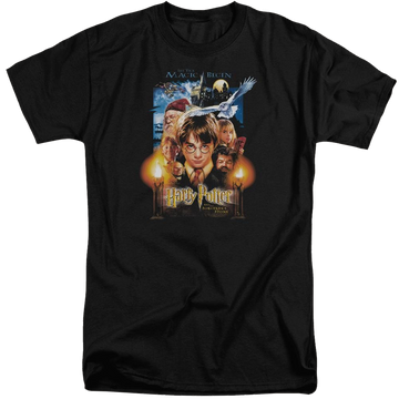 Black men's tall fit t-shirt with Harry Potter Movie Poster graphic