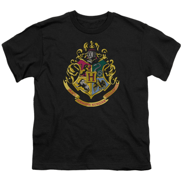 Black youth t-shirt for ages 8 to 12 with Harry Potter Hogwarts Crest graphic