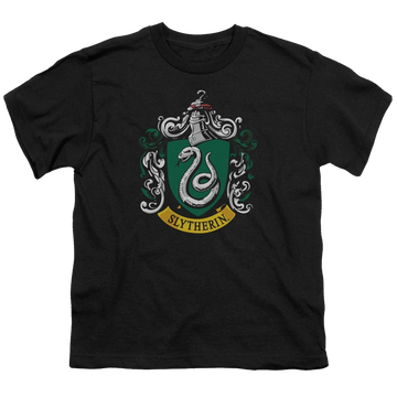 Black youth t-shirt for ages 8 to 12 with Harry Potter Slytherin Crest graphic