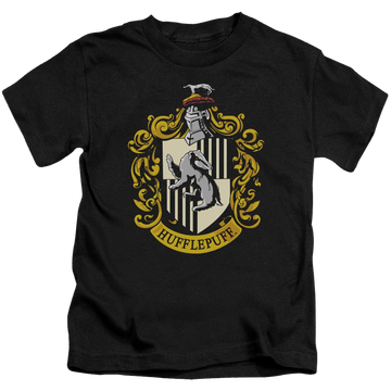 Black kid's t-shirt for ages 4 to 7 with Harry Potter Hufflepuff Crest graphic