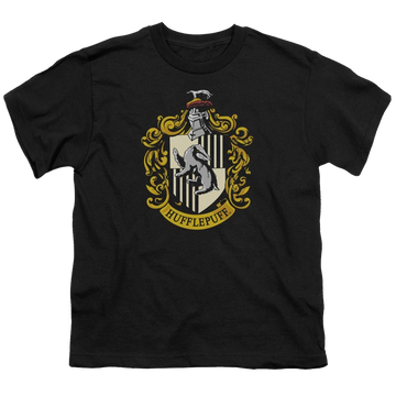 Black youth t-shirt for ages 8 to 12 with Harry Potter Hufflepuff Crest graphic