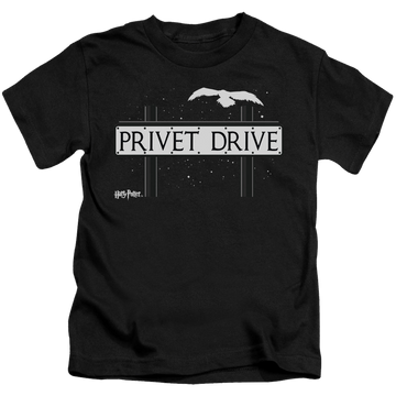 Black kid's t-shirt for ages 4 to 7 with Harry Potter Privet Drive graphic