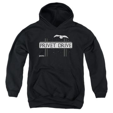 Black youth hoodie for ages 8 to 12 with Harry Potter Privet Drive graphic