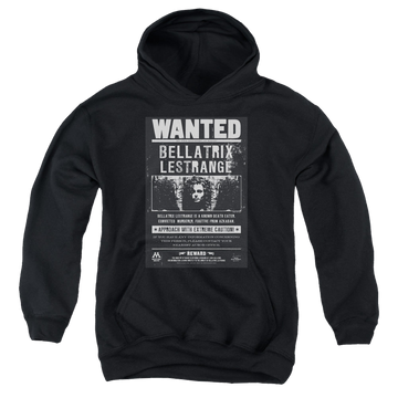 Black youth hoodie for ages 8 to 12 with Harry Potter Wanted Bellatrix graphic