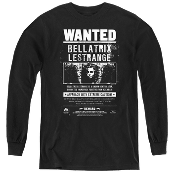 Black youth long sleeve t-shirt with Harry Potter Wanted Bellatrix graphic