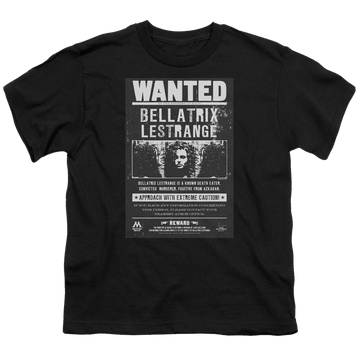 Black youth t-shirt for ages 8 to 12 with Harry Potter Wanted Bellatrix graphic