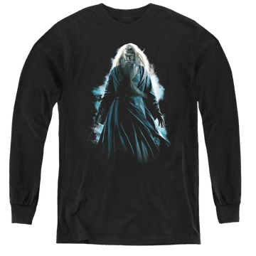 Black youth long sleeve t-shirt with Harry Potter Dumbledore Burst graphic