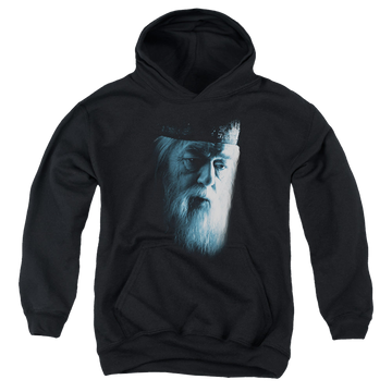 Black youth hoodie for ages 8 to 12 with Harry Potter Dumbledore Face graphic