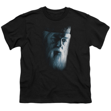 Black youth t-shirt for ages 8 to 12 with Harry Potter Dumbledore Face graphic
