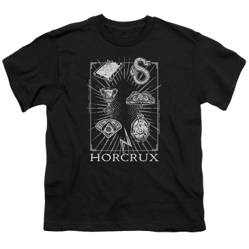 Black youth t-shirt for ages 8 to 12 with Harry Potter Horcrux Symbols graphic