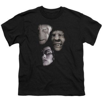 Black youth t-shirt for ages 8 to 12 with Harry Potter Villian Heads graphic
