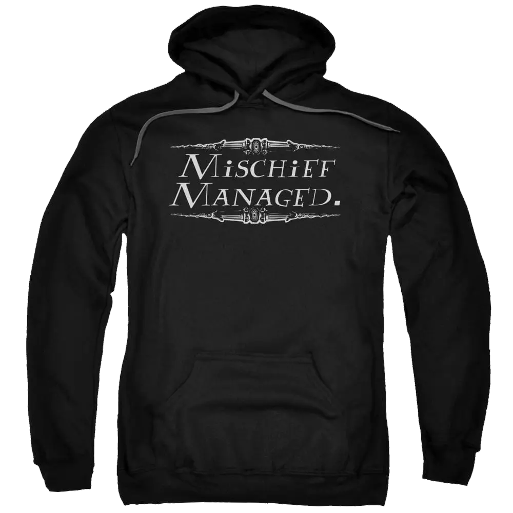 Black pullover hoodie with white "Mischief Managed" text and wand graphic on front, kangaroo pocket, drawstring hood.