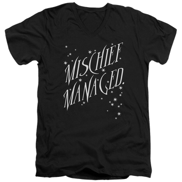 Black men's v-neck t-shirt with Harry Potter Mischief Managed 4 graphic