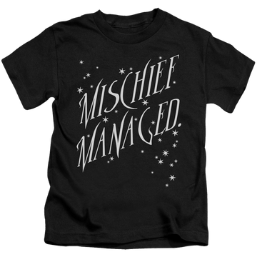 Black kid's t-shirt for ages 4 to 7 with Harry Potter Mischief Managed 4 graphic