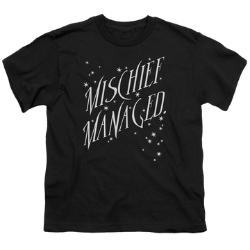 Black youth t-shirt for ages 8 to 12 with Harry Potter Mischief Managed 4 graphic