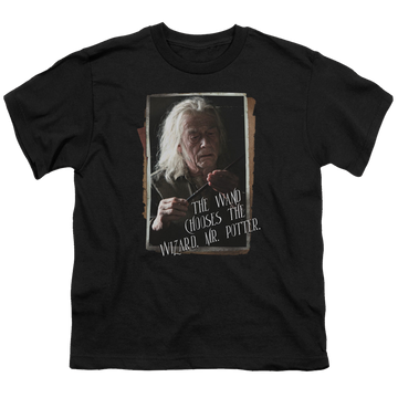 Black youth t-shirt for ages 8 to 12 with Harry Potter Olivander graphic