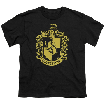 Black youth t-shirt for ages 8 to 12 with Harry Potter Hufflepuff Crest graphic