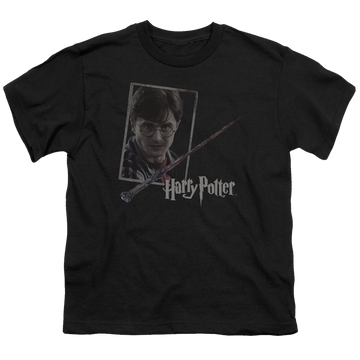 Black youth t-shirt for ages 8 to 12 with Harry Potter Harrys Wand Portrait graphic
