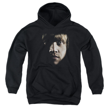 Black youth hoodie for ages 8 to 12 with Harry Potter Ron Poster Head graphic