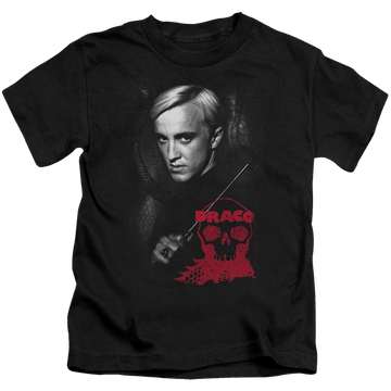 Black kid's t-shirt for ages 4 to 7 with Harry Potter Draco Portrait graphic