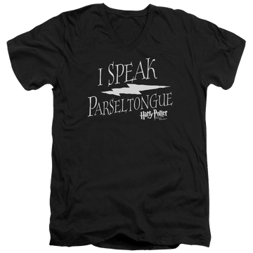 Black men's v-neck t-shirt with Harry Potter I Speak Parseltongue graphic