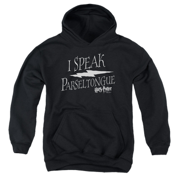 Black youth hoodie for ages 8 to 12 with Harry Potter I Speak Parseltongue graphic