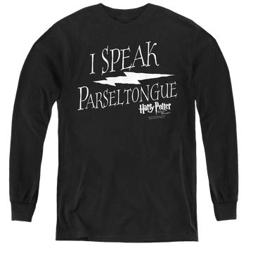 Black youth long sleeve t-shirt with Harry Potter I Speak Parseltongue graphic