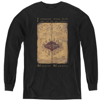 Black youth long sleeve t-shirt with Harry Potter Marauders Map Words graphic