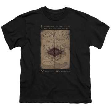 Black youth t-shirt for ages 8 to 12 with Harry Potter Marauders Map Words graphic