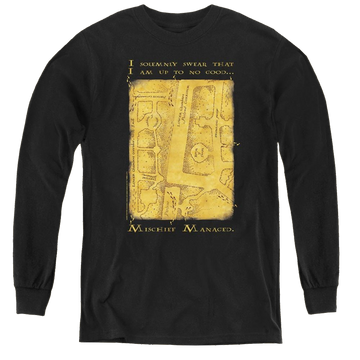 Black youth long sleeve t-shirt with Harry Potter Marauders Map Interior Words graphic