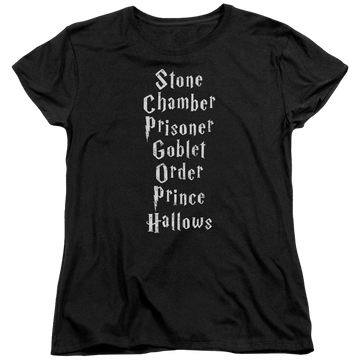 Black women's t-shirt with Harry Potter Titles graphic
