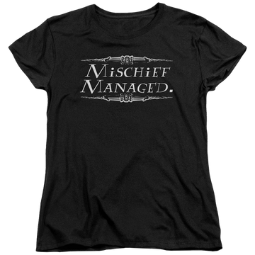 Black women's t-shirt with Harry Potter Mischief Managed graphic