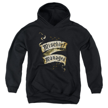 Black youth hoodie for ages 8 to 12 with Harry Potter Mischief Managed graphic