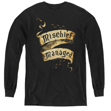Black youth long sleeve t-shirt with Harry Potter Mischief Managed graphic