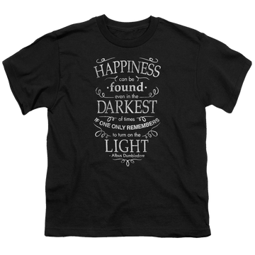 Black youth t-shirt for ages 8 to 12 with Harry Potter Happiness graphic