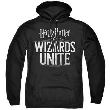 Black pullover hoodie with Harry Potter Wizards Unite Logo graphic
